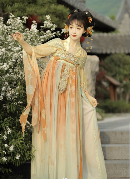 Orange Chinese Hanfu Tang-style with embroidery