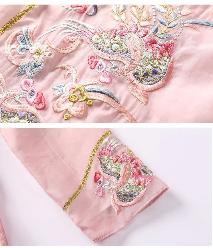 Close-up of pink fabric with intricate floral embroidery on a white background