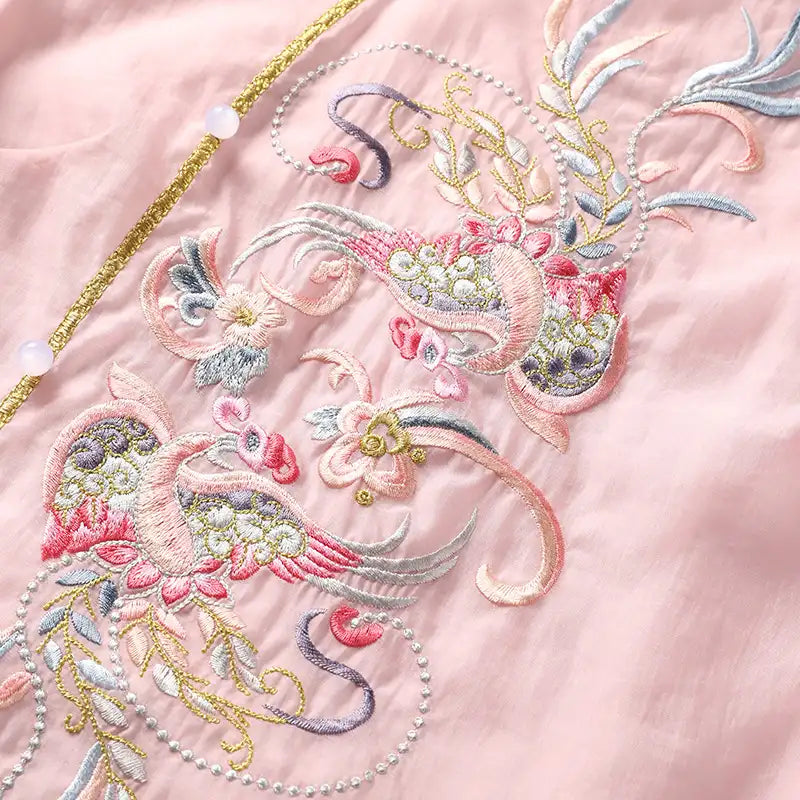 Close-up of embroidered floral design on a pink fabric background