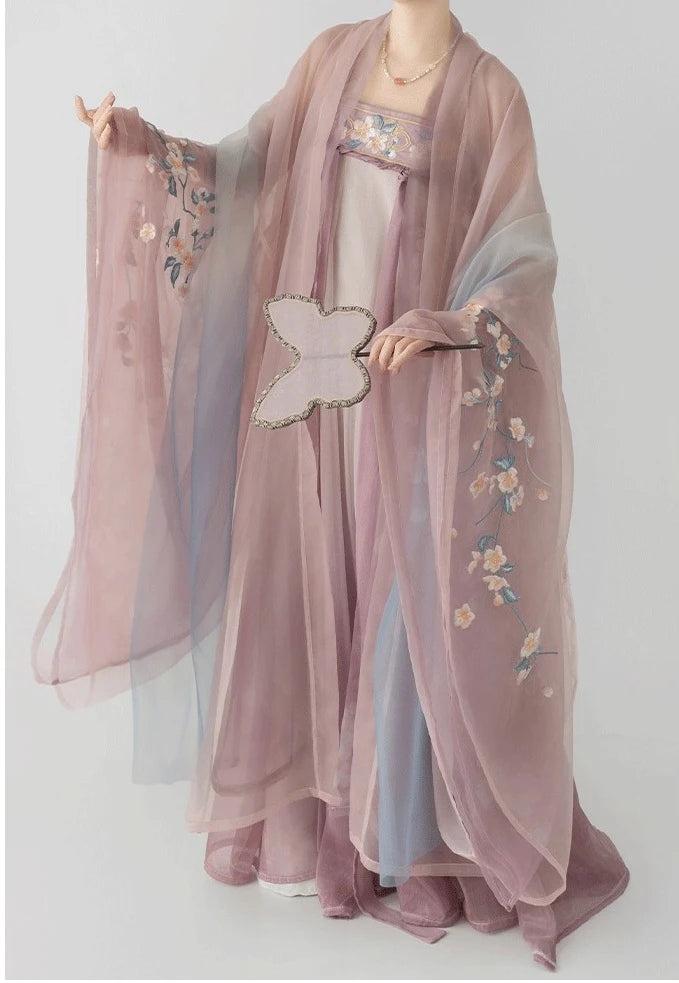 pink floral Traditional Chinese Tang Dynasty Hanfu Dress  embroidered shawl on a white background