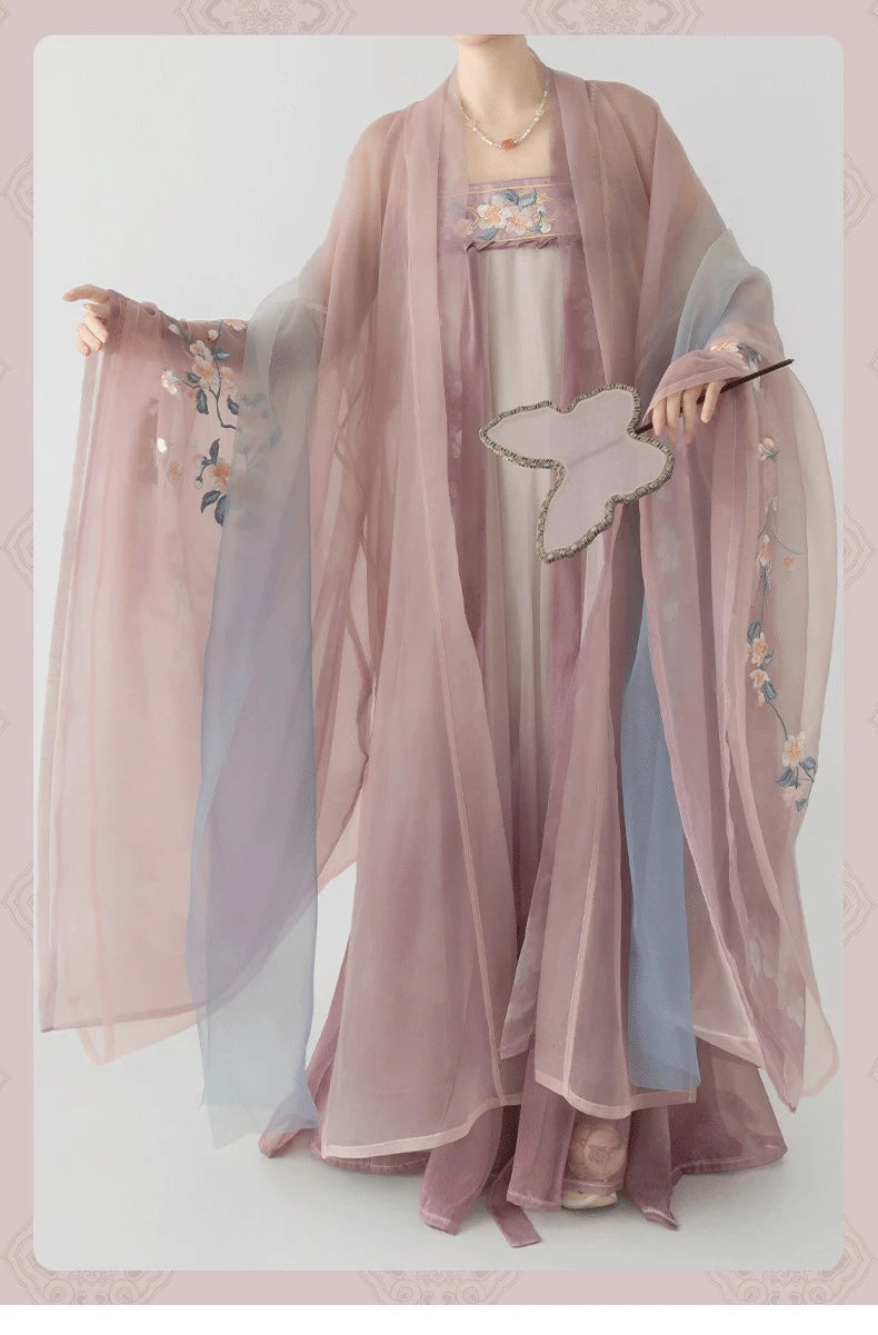 pink  Floral Traditional Chinese Tang Dynasty Hanfu Dress  with a sheer pink shawl and embroidered details on a white background