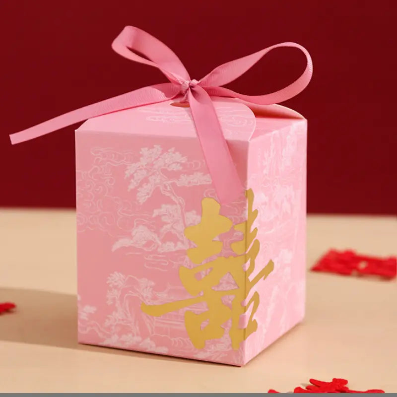 Pink Gold Foil Double Happiness Chinoiserie Wedding Favor Boxes   with gold text and a pink ribbon on a red background
