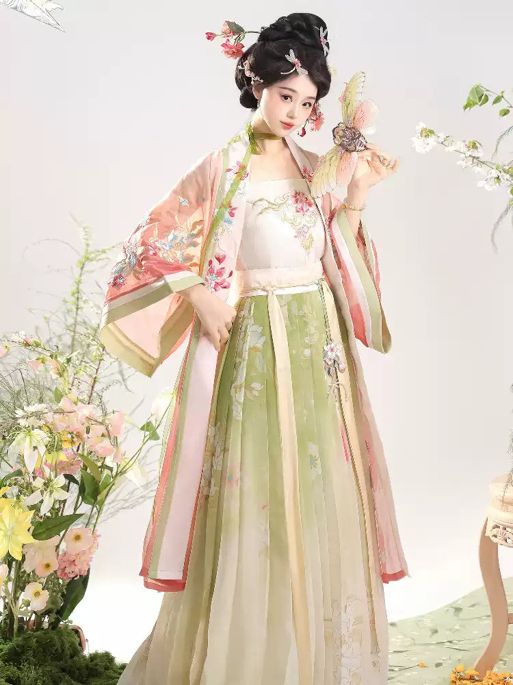 Woman in pink Traditional Chinese Dress – Elegant Song Dynasty Hanfu Set with floral decorations against a light background