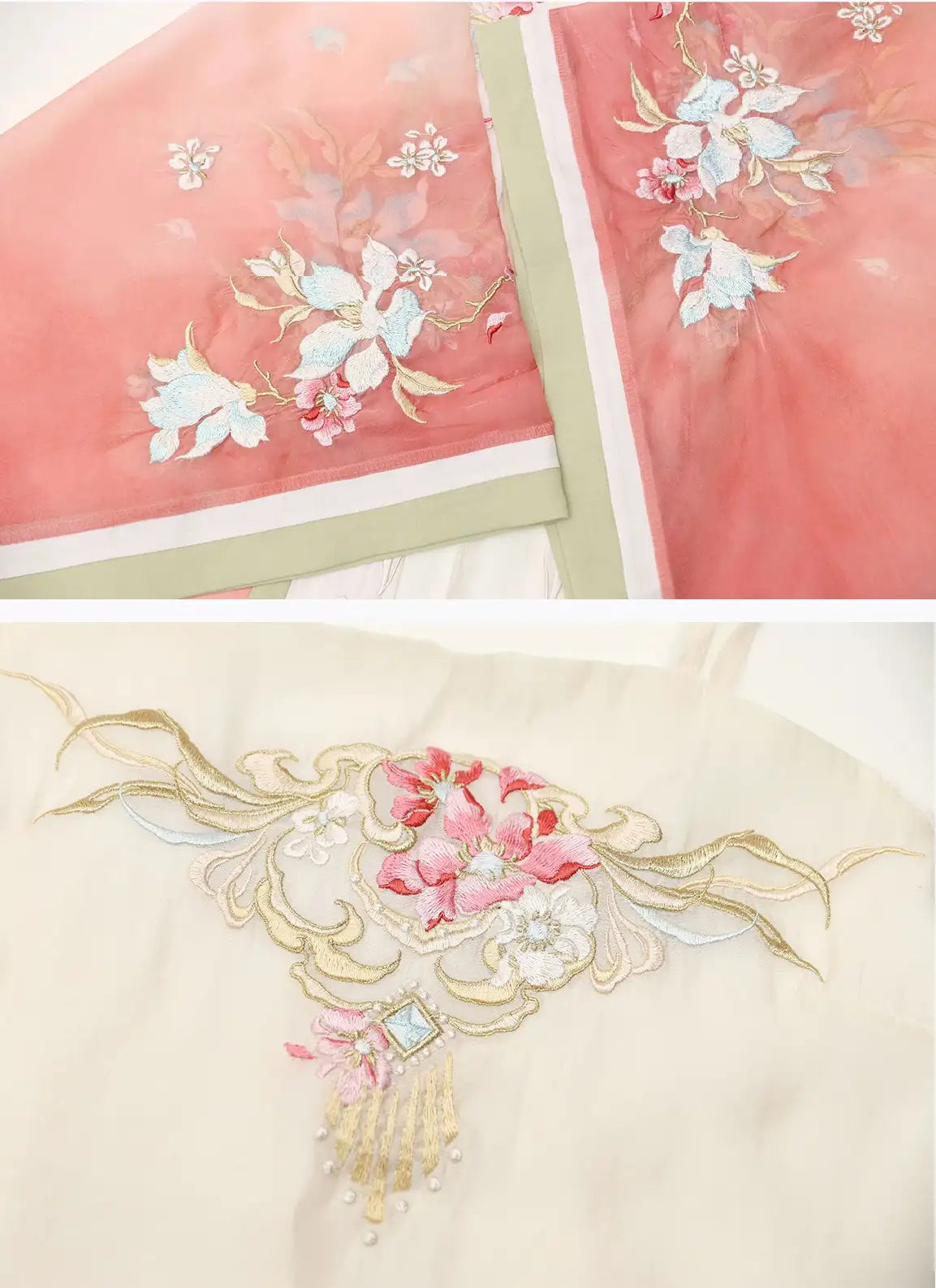 Close-up of embroidered floral patterns on fabric with a soft pink and beige color scheme.