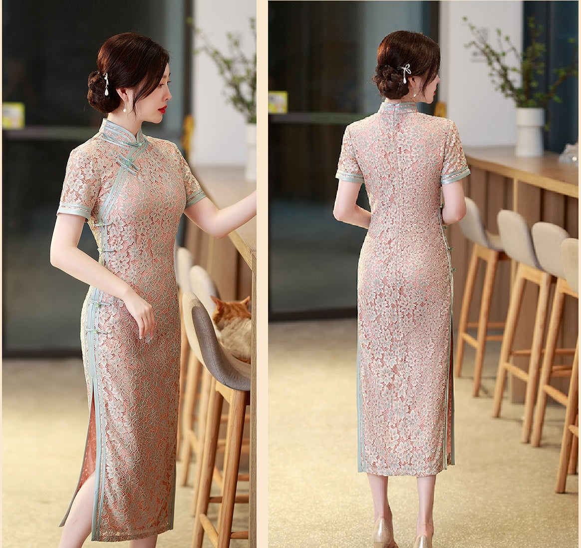 Model in pink lace qipao side back