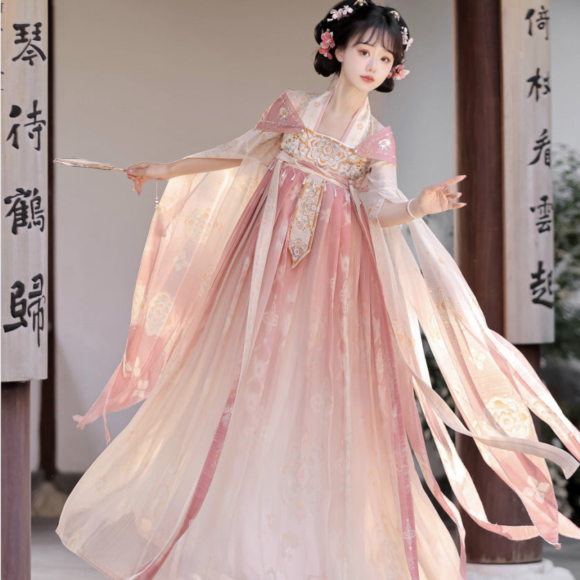 Pink Chinese Tang Dynastic Embroidered Hanfu Clothing