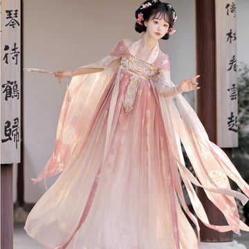 Pink Chinese Tang Dynastic Embroidered Hanfu Clothing