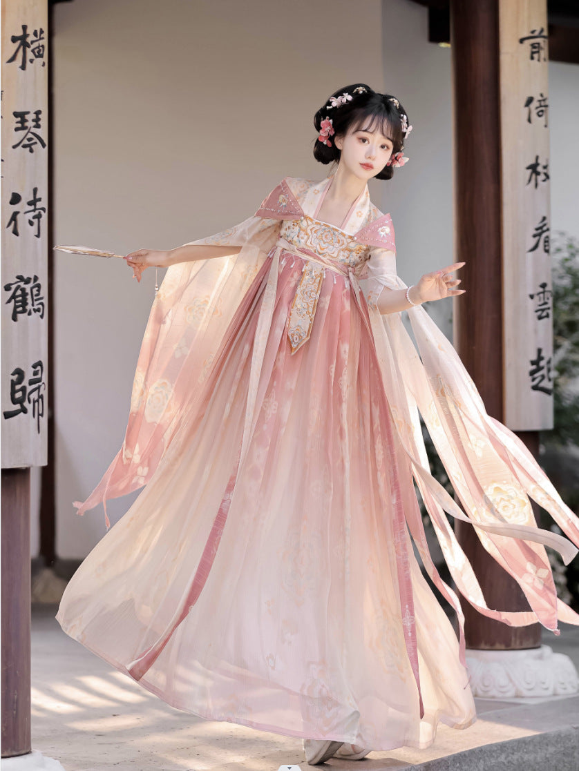 Pink Chinese Tang Dynastic Embroidered Hanfu Clothing