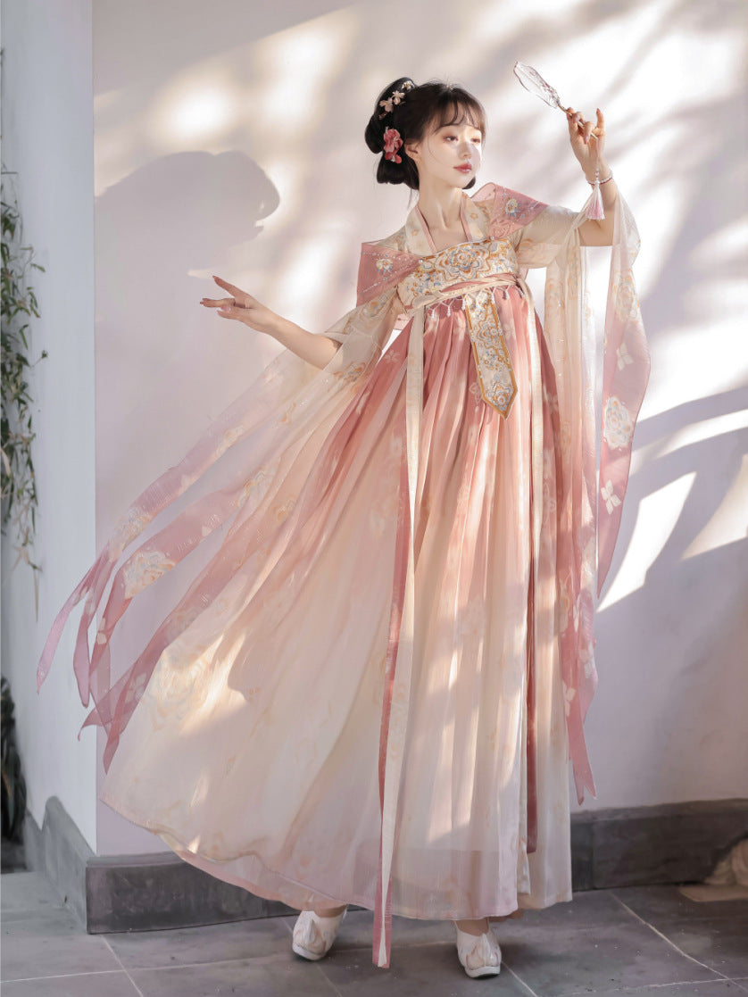 Pink Chinese Tang Dynastic Embroidered Hanfu Clothing