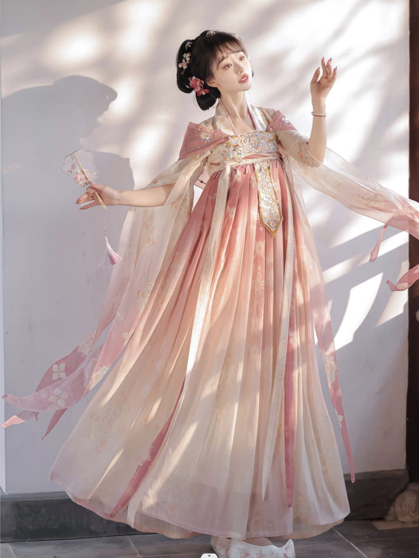 Pink Chinese Tang Dynastic Embroidered Hanfu Clothing