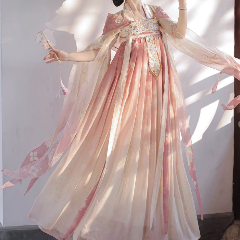 Pink Chinese Tang Dynastic Embroidered Hanfu Clothing