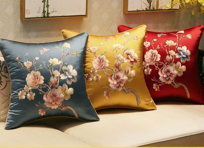 Satin cushion cover with peach blossom embroidery 