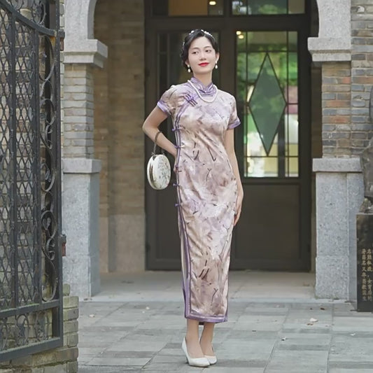Purple Floral Print Short Sleeves Qipao With Sheer Trim