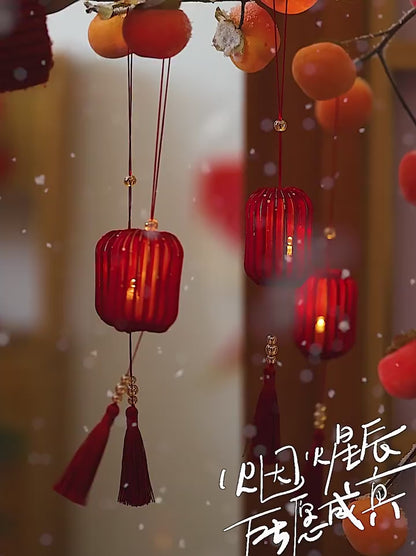 Festive Red Fabric Lantern with LED Light and Tassels