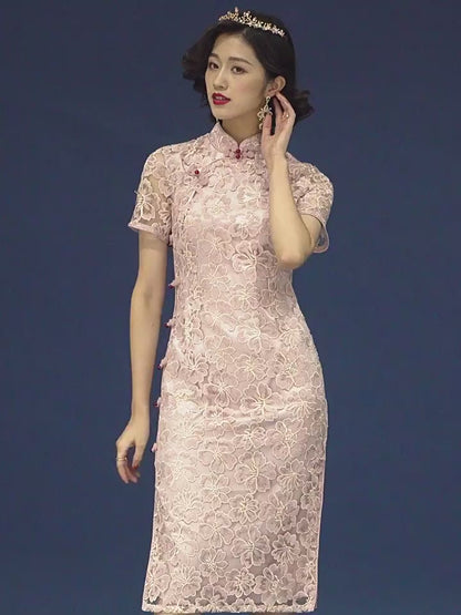 Pink Lace  Cheongsam Qipao Dress | Cherry