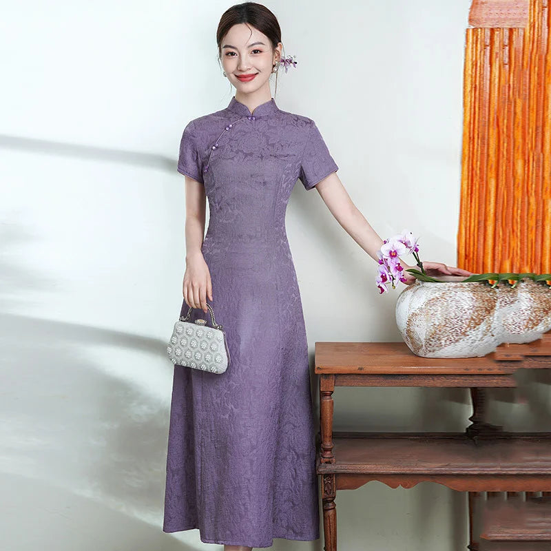 Woman in a purple  Short Sleeve Floral A Line Qipao cheongsam Dress  holding a vase with flowers in a minimalistic setting