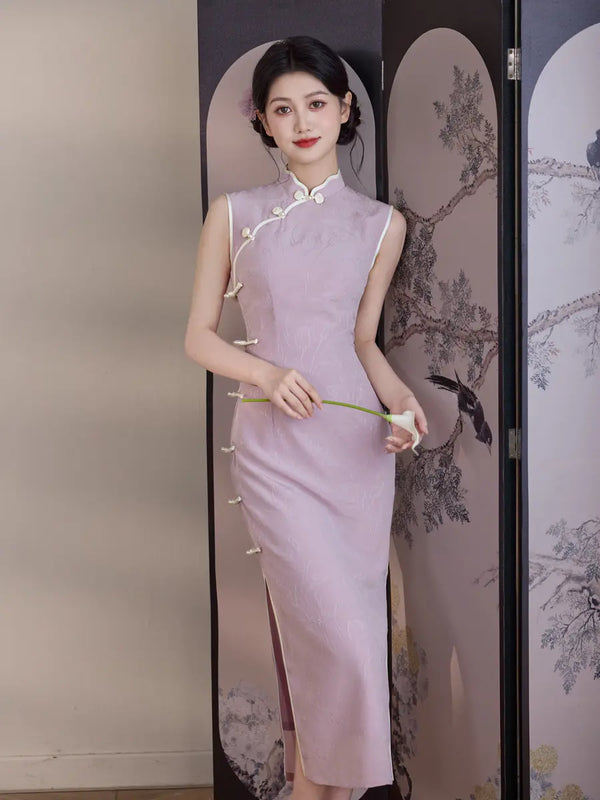 purple Sleeveless Floral Qipao Dress