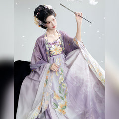 purple Traditional Chinese Tang Dynasty Hanfu Dress with Floral Embroideries