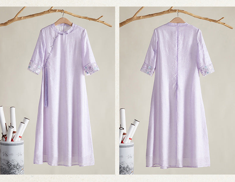 Lavender Loose Qipao Dress with Embroidered Cuffs