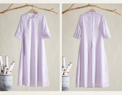 Lavender Loose Qipao Dress with Embroidered Cuffs