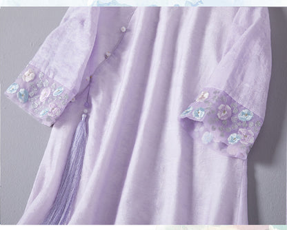 Lavender Loose Qipao Dress with Embroidered Cuffs