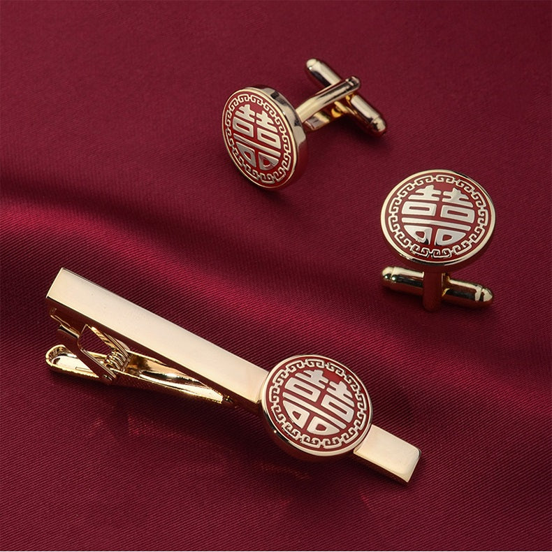 red Double happiness wedding cufflinks and tie clip for groom best men