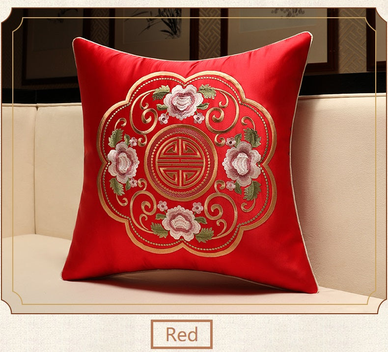 red Oriental Floral  Embroidered  Satin Cushion Cover