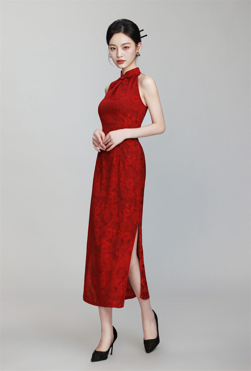 red Halter neck Modern bridal cheongsam