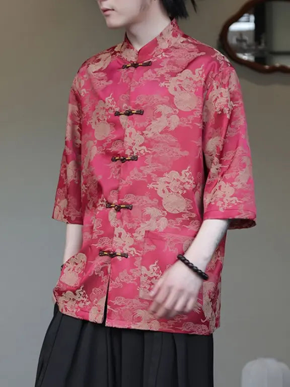 Person wearing ared Modern Chinese Dragon Print Ice Silk Half Sleeve Tang Shirt  jacket with black pants against a neutral background