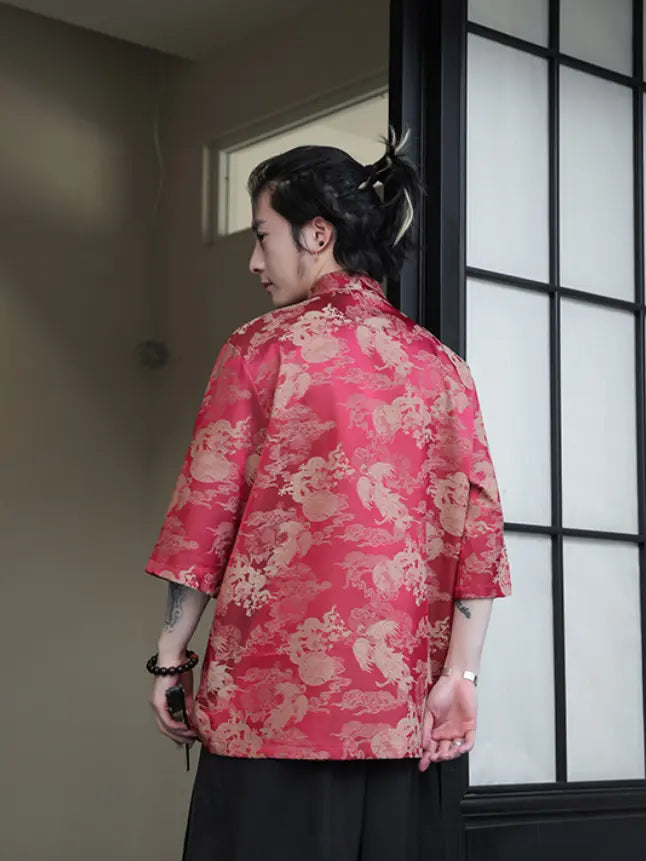 Person wearing a red Modern Chinese Dragon Print Ice Silk Half Sleeve Tang Shirt standing in a room with a window.
