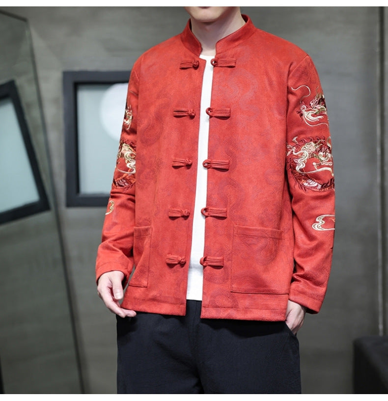 red chinese Dragon Embroidered Tang Jacket