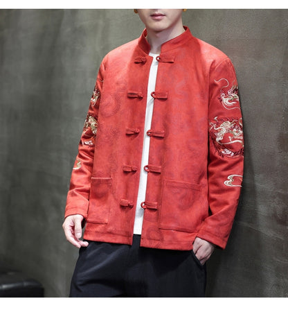 red chinese Dragon Embroidered Tang Jacket