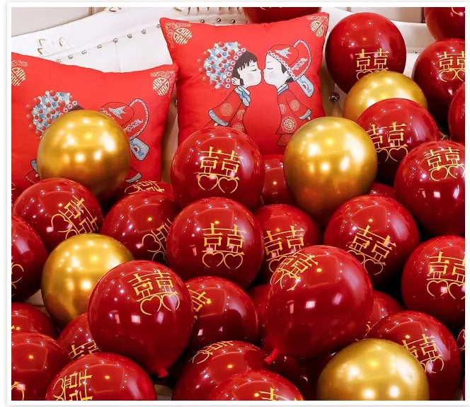 red gold double happiness chinese wedding balloons