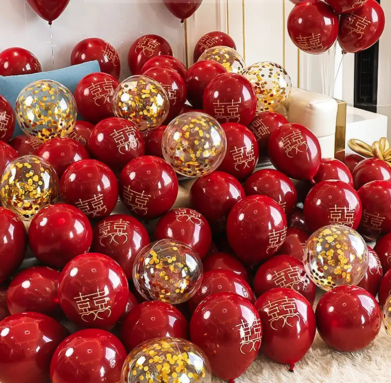 red gold double happiness chinese wedding balloons