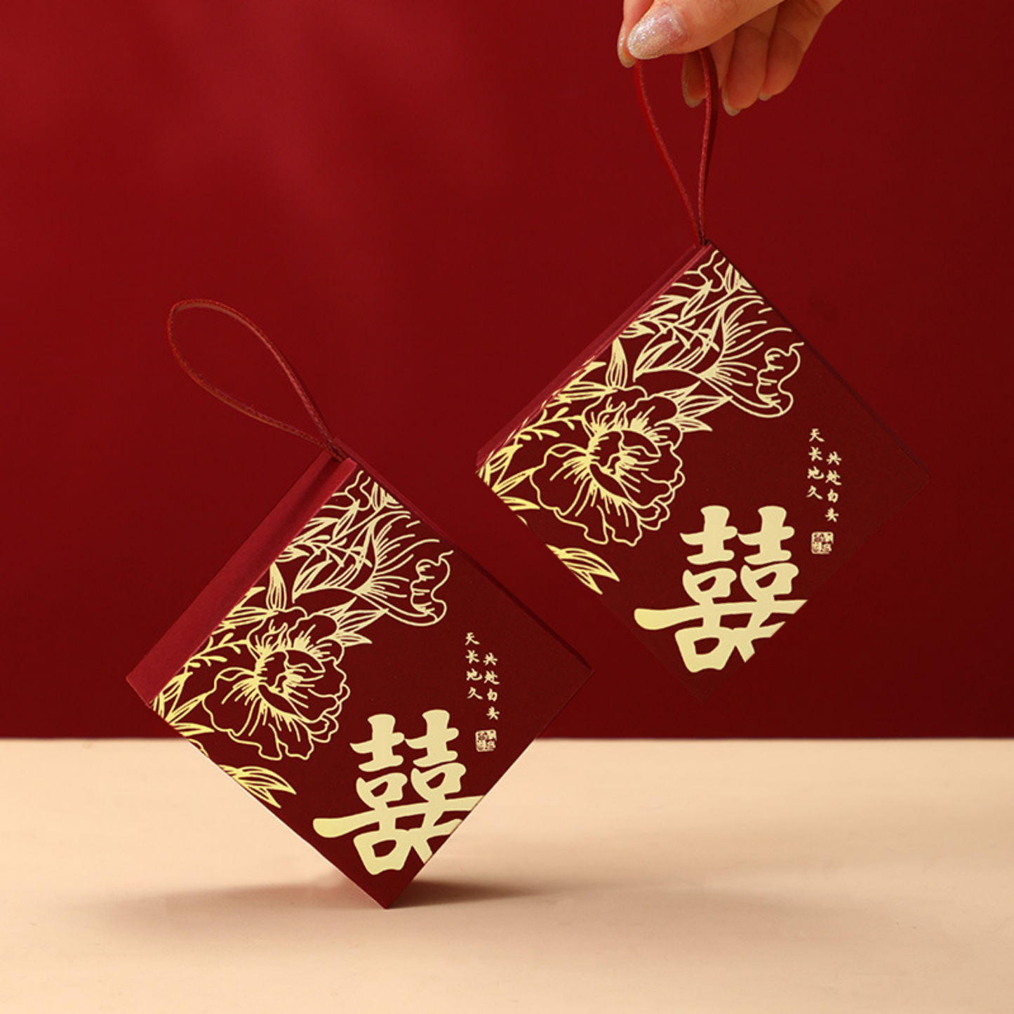 Red Floral Double Happiness Favor Box With Handle (20pcs)