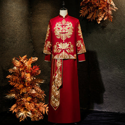 Costume traditionnel de marié rouge Dragon Tang (Ma Gua) | Blissful