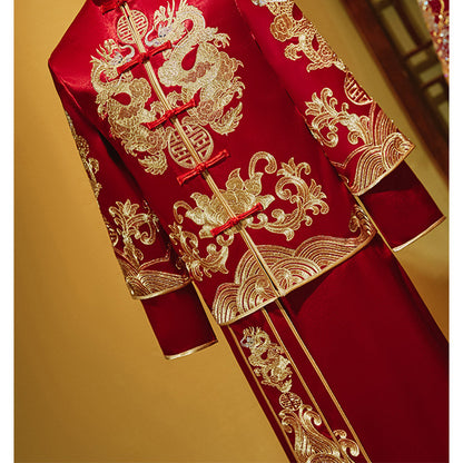 Costume traditionnel de marié rouge Dragon Tang (Ma Gua) | Blissful