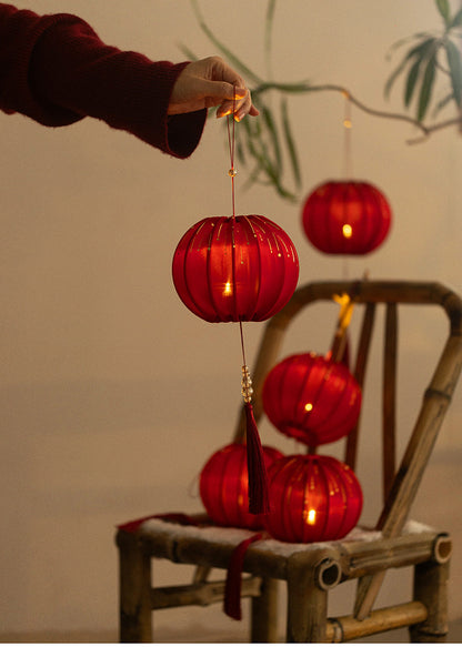 Round Red Fabric Lantern with Light and Tassels