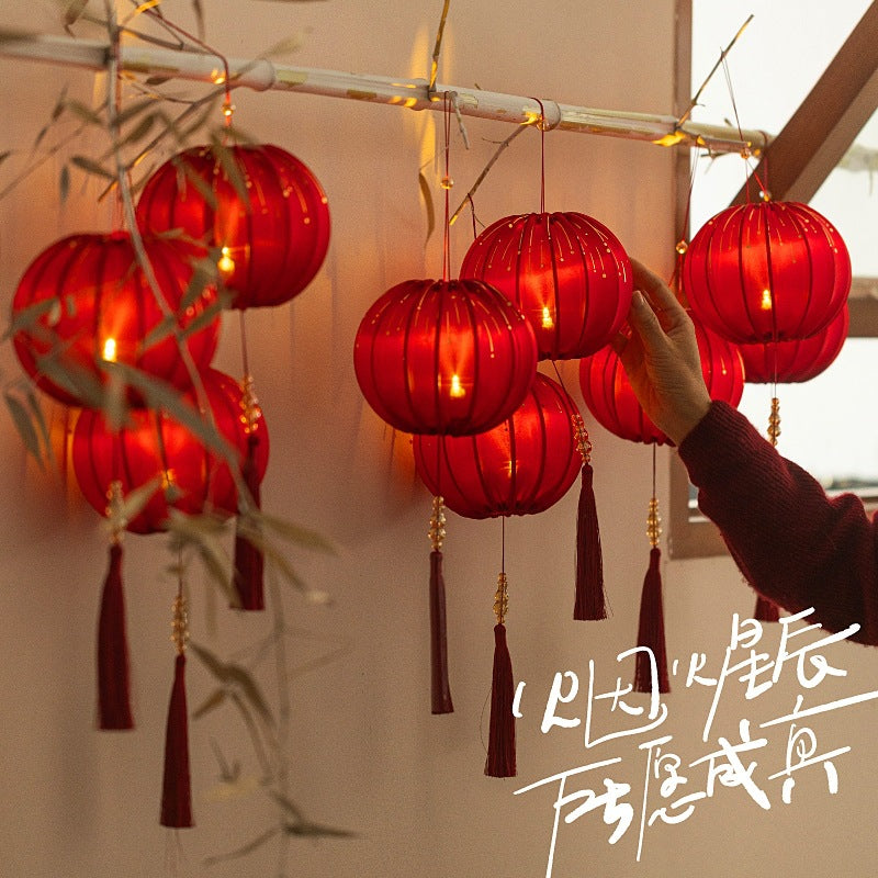 Round Red Fabric Lantern with Light and Tassels