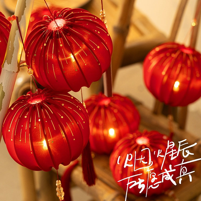 Round Red Fabric Lantern with Light and Tassels