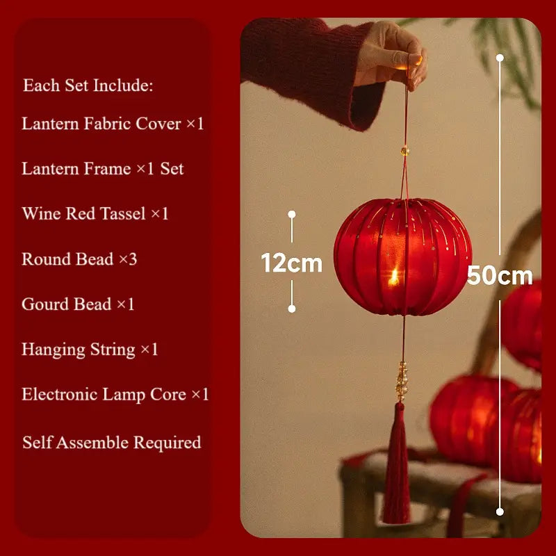 Round Red Fabric Lantern with Light and Tassels for Lunar New Year, Mid-Autumn Festival, weddings, and other celebrations.