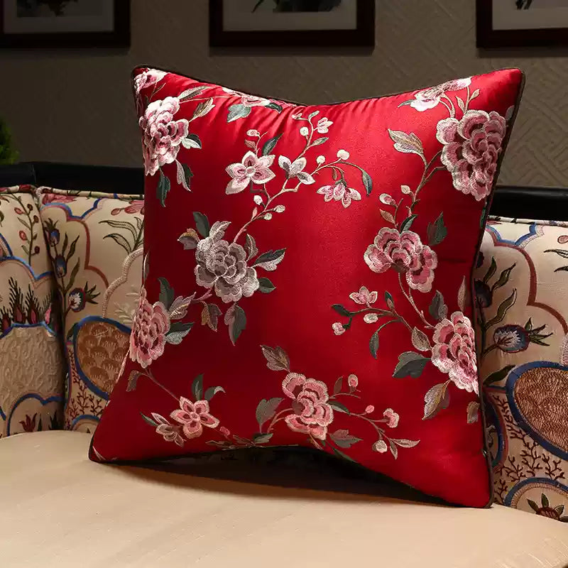 Luxury high quality Oriental Embroidered  Floral  Red Satin Cushion Covers