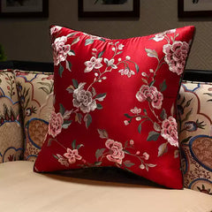 Luxury high quality Oriental Embroidered  Floral  Red Satin Cushion Covers