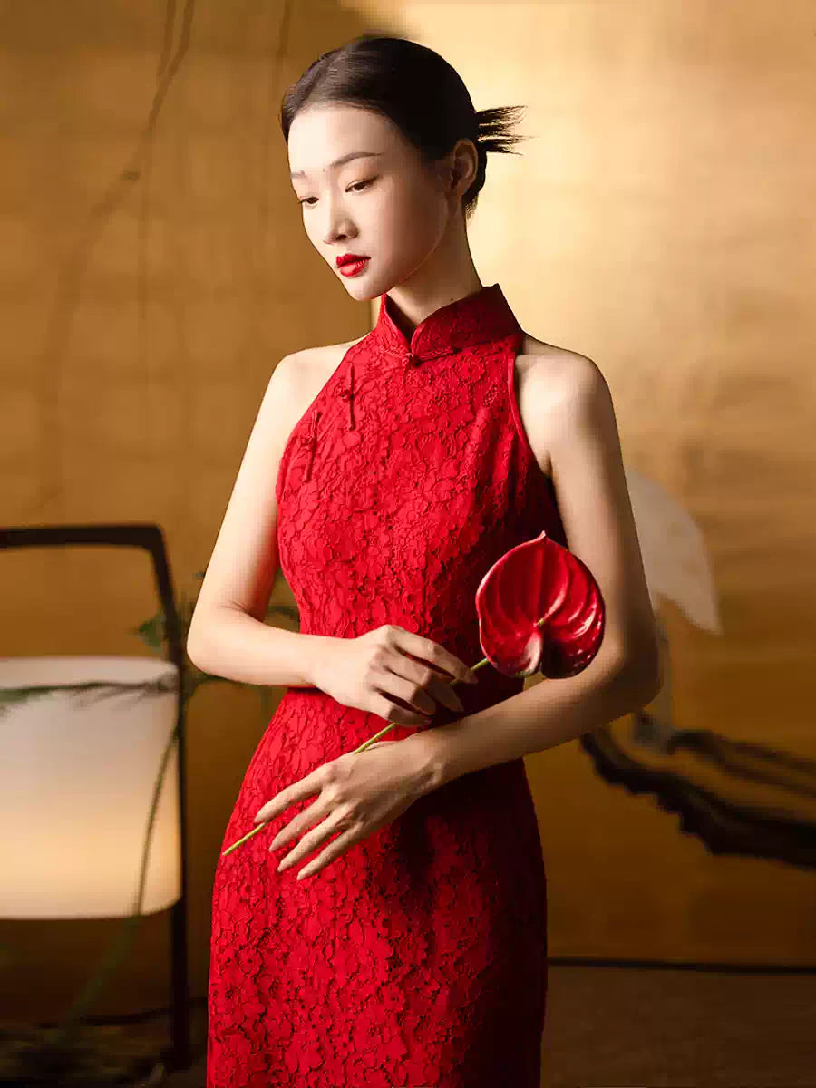 Red Halter Lace wedding Cheongsam Qipao Dress for chinese wedding tea ceremony