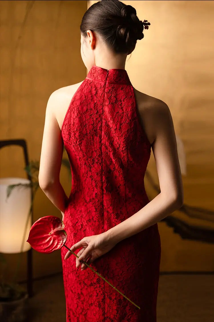 Red Halter Lace wedding Cheongsam Qipao Dress for chinese wedding tea ceremony