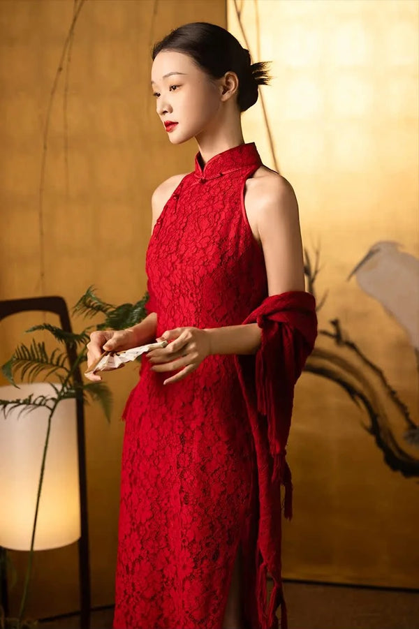 Red Halter Lace Cheongsam Qipao Dress for chinese wedding tea ceremony