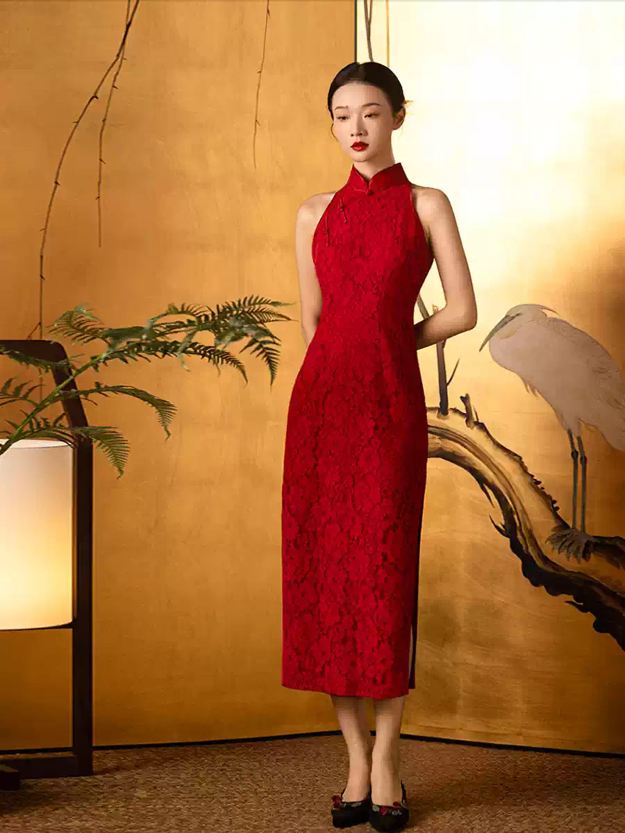Red Halter Lace wedding Cheongsam Qipao Dress for chinese wedding tea ceremony