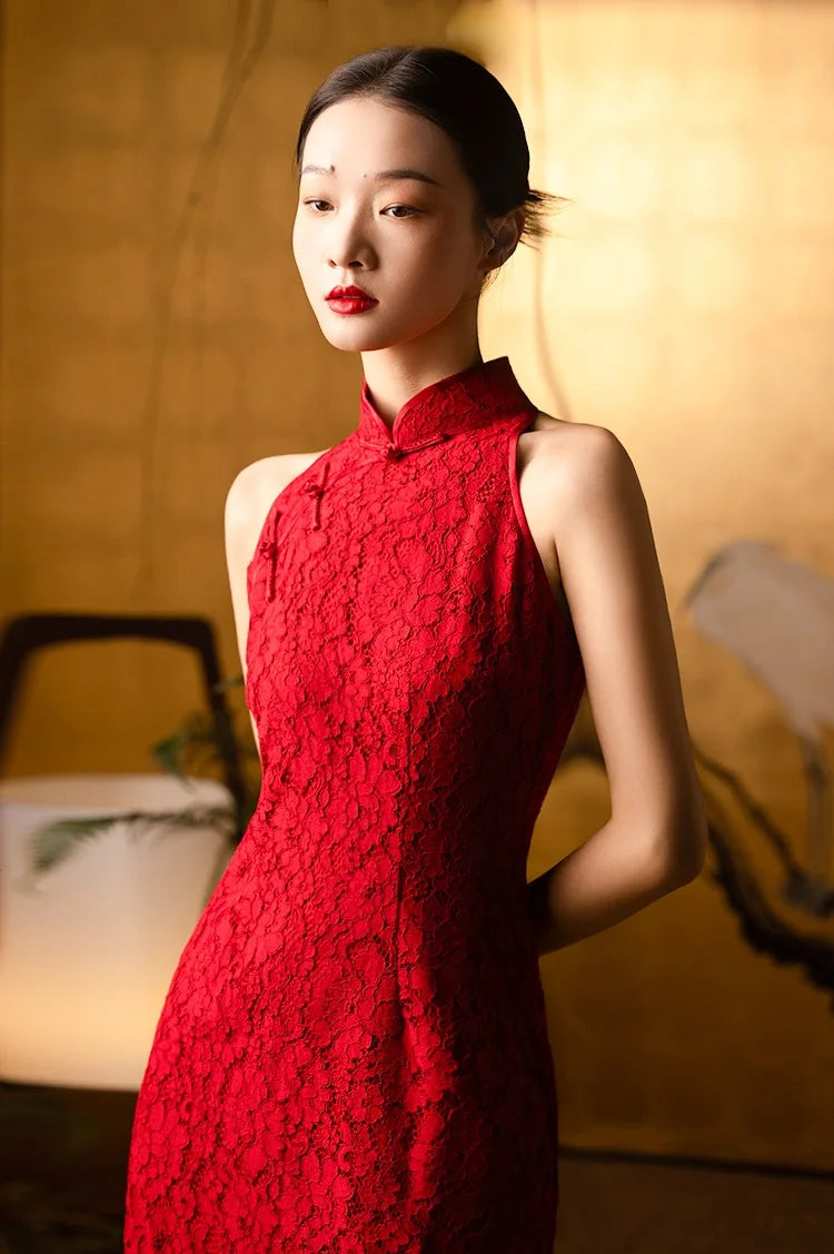 Red Halter Lace Cheongsam Qipao Dress for chinese wedding tea ceremony
