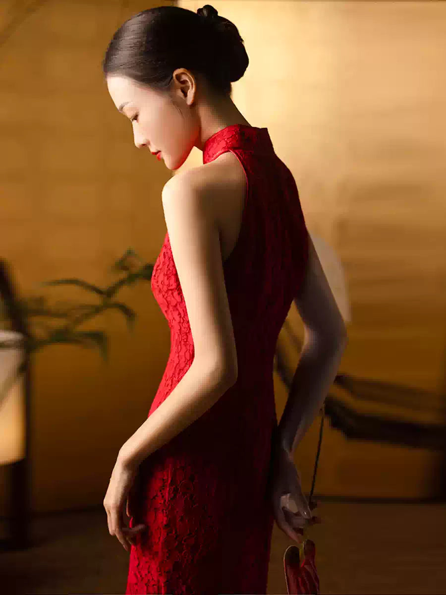 Red Halter Lace wedding Cheongsam Qipao Dress for chinese wedding tea ceremony