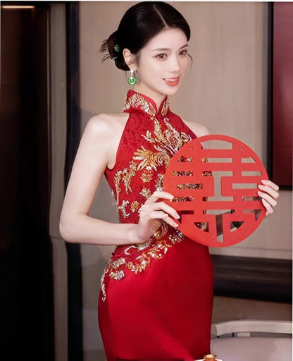 Red Halter Qipao with Golden Sequin Flowers